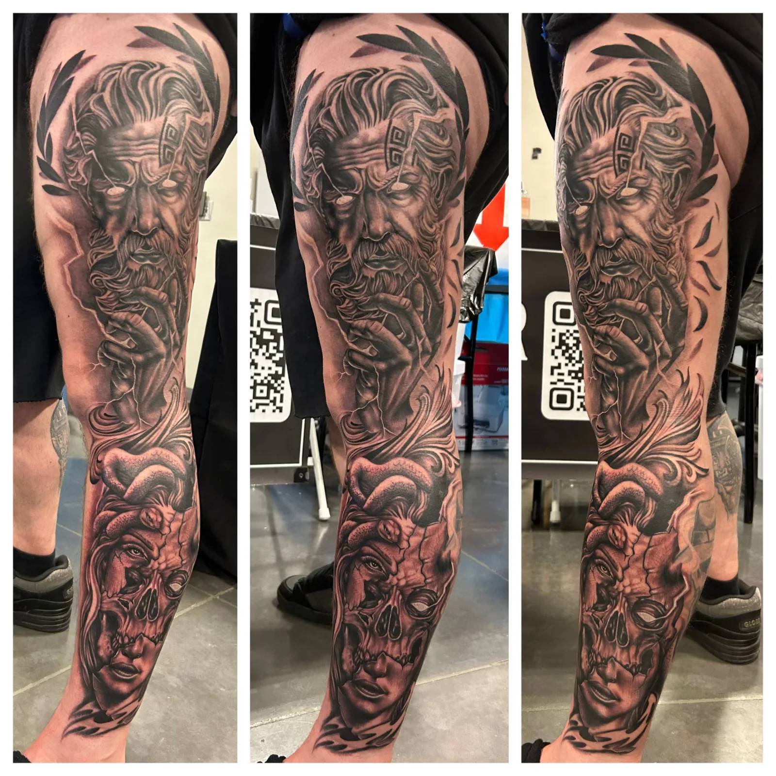 Black and grey leg sleeve of a bearded Greek god with lightning and laurel leaves above a skull and snake-haired woman, shown from three angles, by Adam Harper