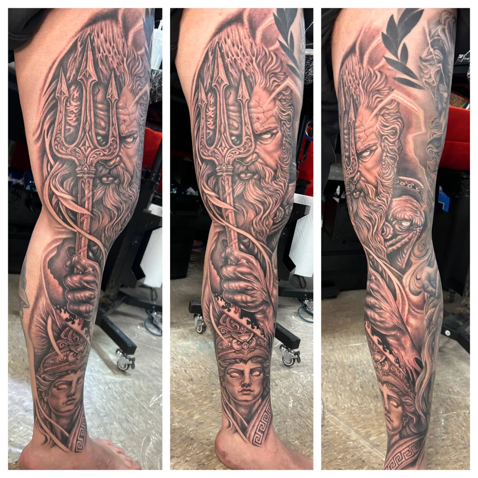 Black and grey leg sleeve of Poseidon holding a trident above a helmeted goddess, shown from three angles, by Adam Harper
