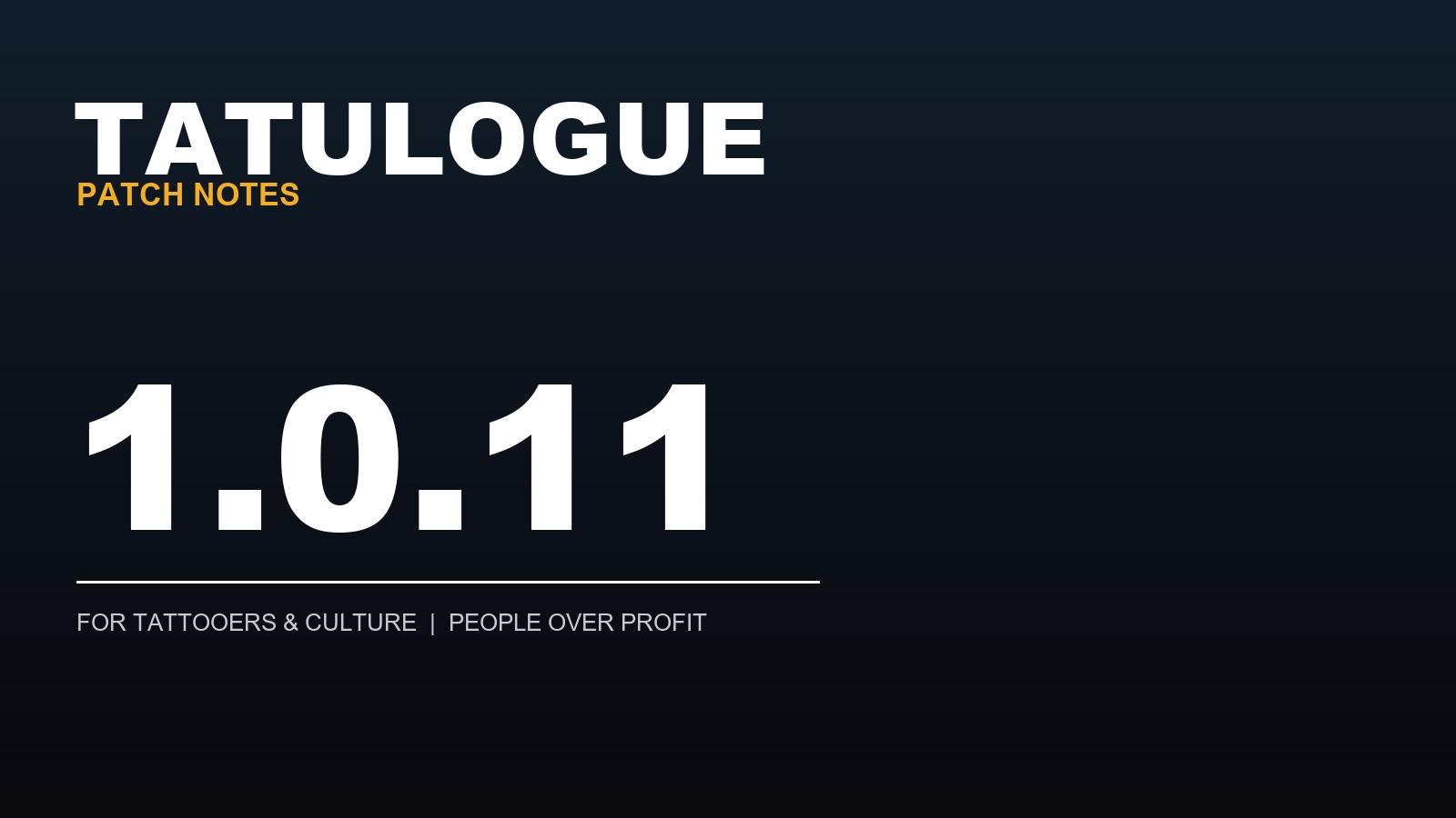 Tatulogue Patch Notes 1.0.11 graphic on a dark background