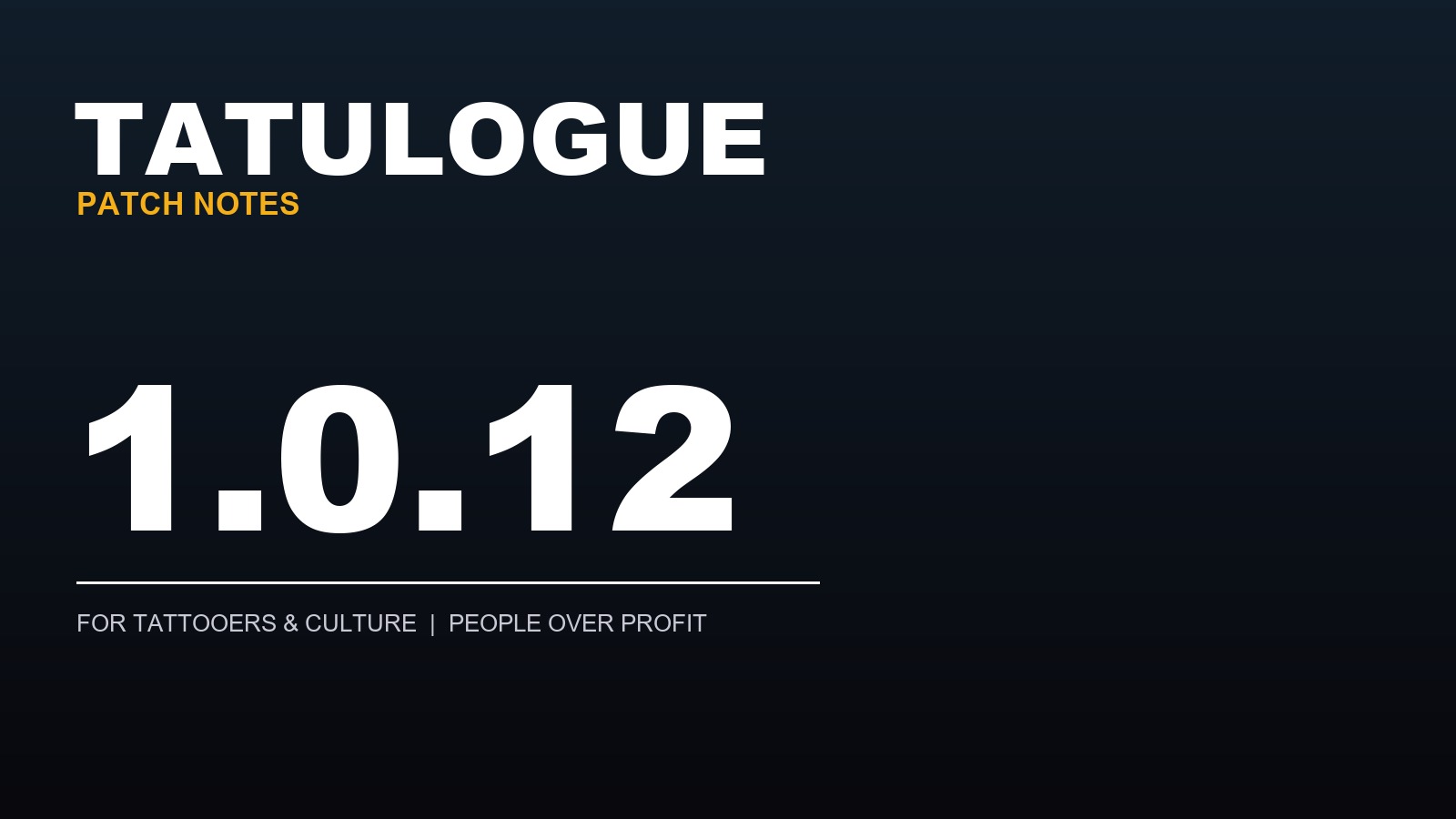 Tatulogue Patch Notes 1.0.12 graphic on a dark background