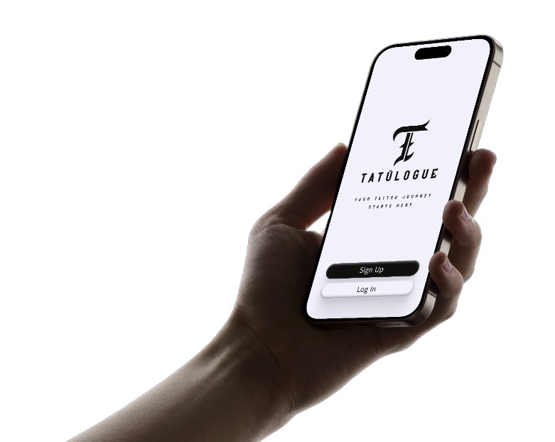 Hand holding an iPhone showing the Tatulogue welcome screen with Sign Up and Log In buttons