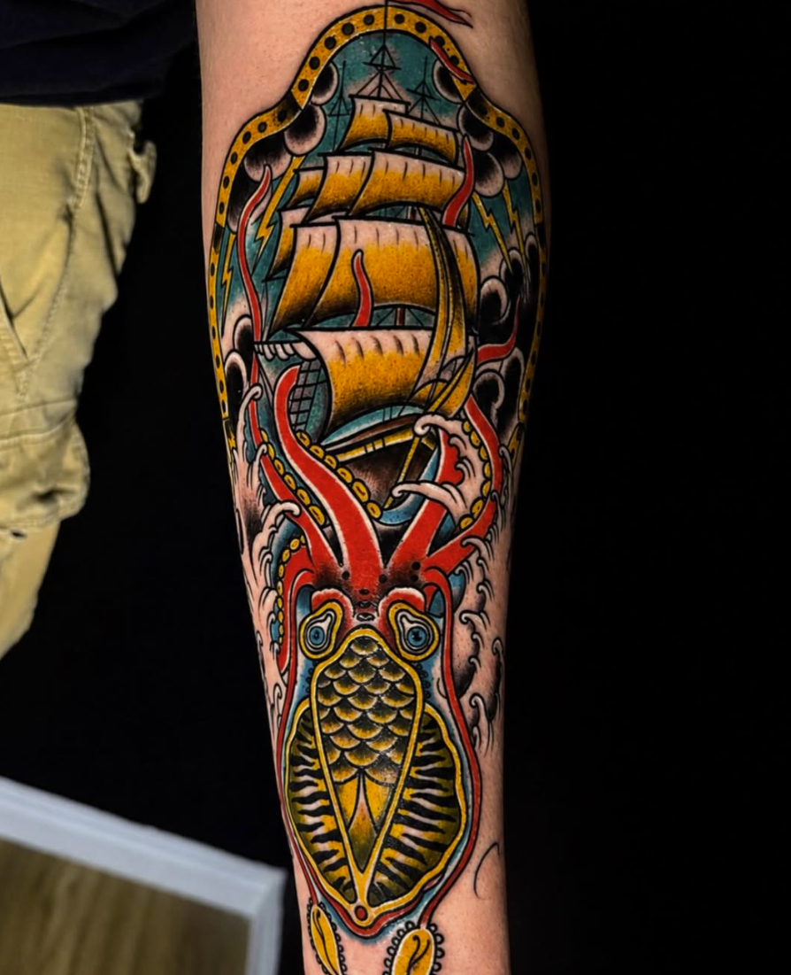 Traditional kraken and ship tattoo by Daniel Greene