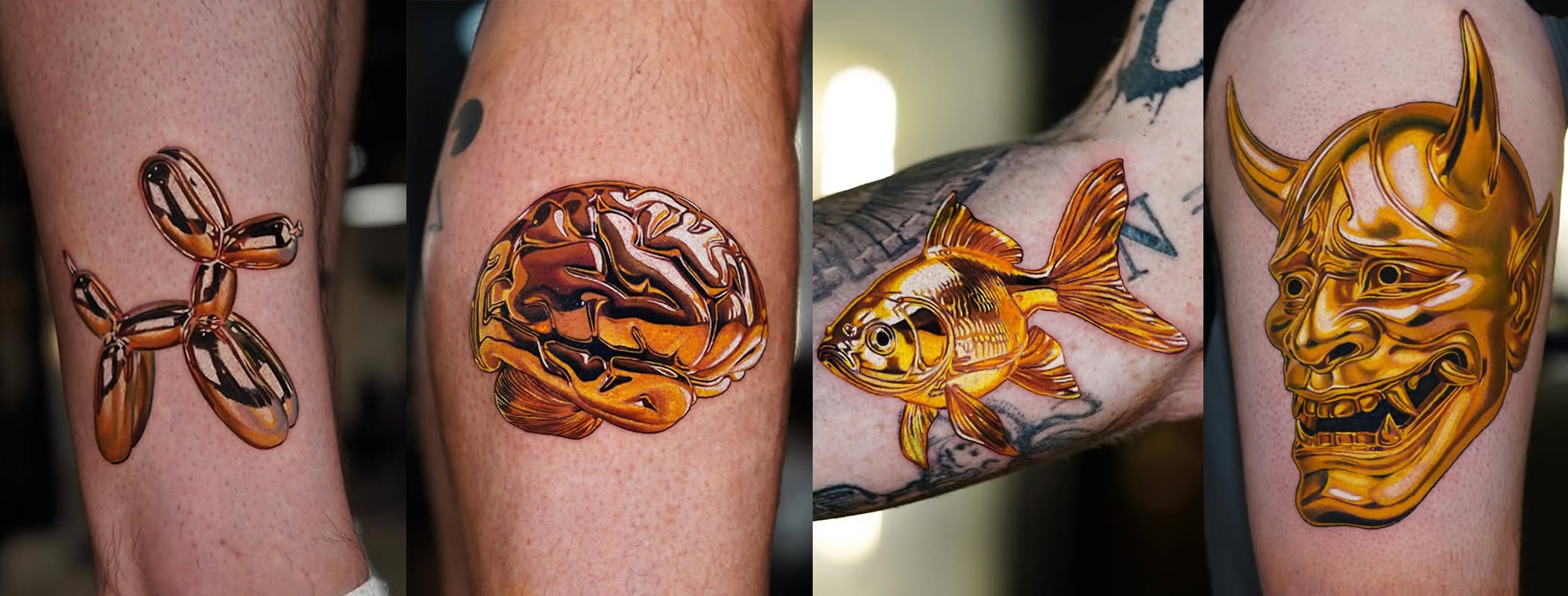 Four gold chrome-style tattoos by Pony Lawson: a balloon dog, a brain, a fish, and a hannya mask