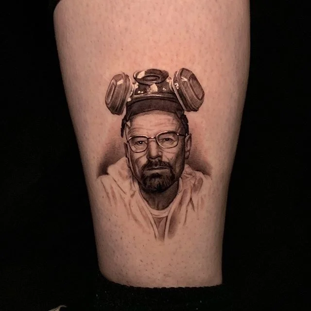 Black and grey portrait tattoo of Walter White from Breaking Bad by Pony Lawson